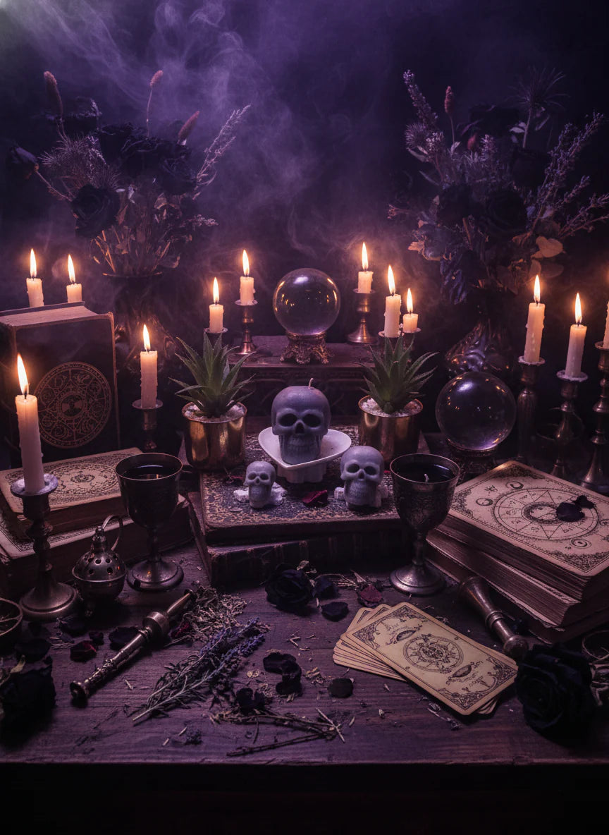 Dark and mystical table setup with candles, crystals, and skull figurines.